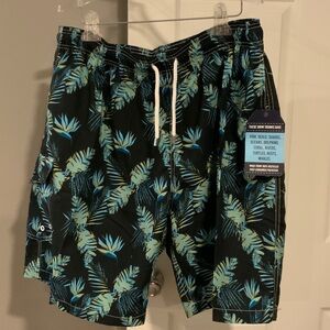 Tropical Blue Leaf Print Men's Swim Shorts